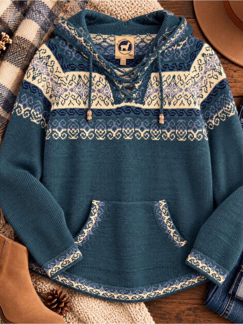 Artesania Fair Isle Hooded Sweater Alpaca Blend Size Small Blue & White  NWT